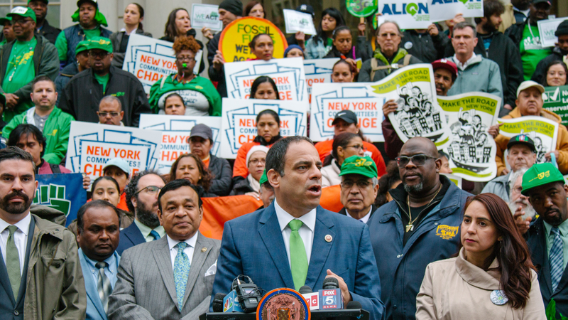 Costa Constantinides addresses supporters at a press conference ahead of the vote on the legislation.